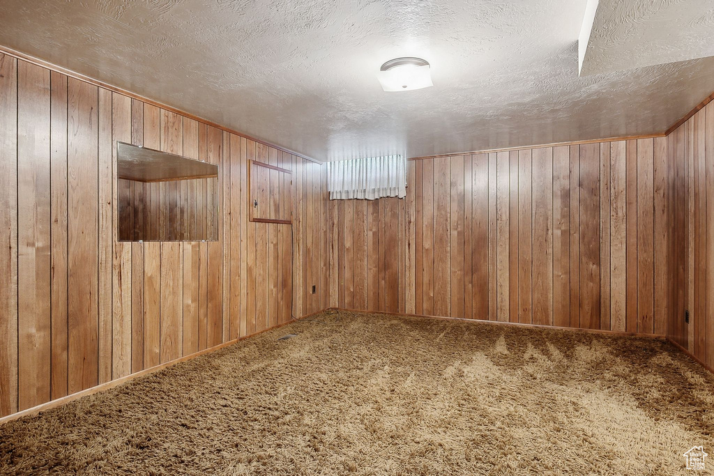 Carpeted spare room with a textured ceiling and wood walls