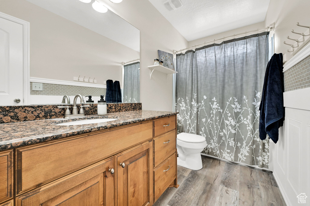 Bathroom with wood finished floors, vanity, toilet, and a shower with shower curtain