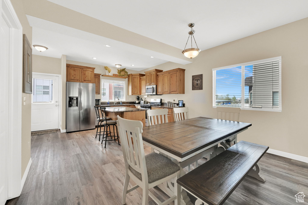 Dining room with light wood-style floors, baseboards, healthy amount of natural light, and recessed lighting