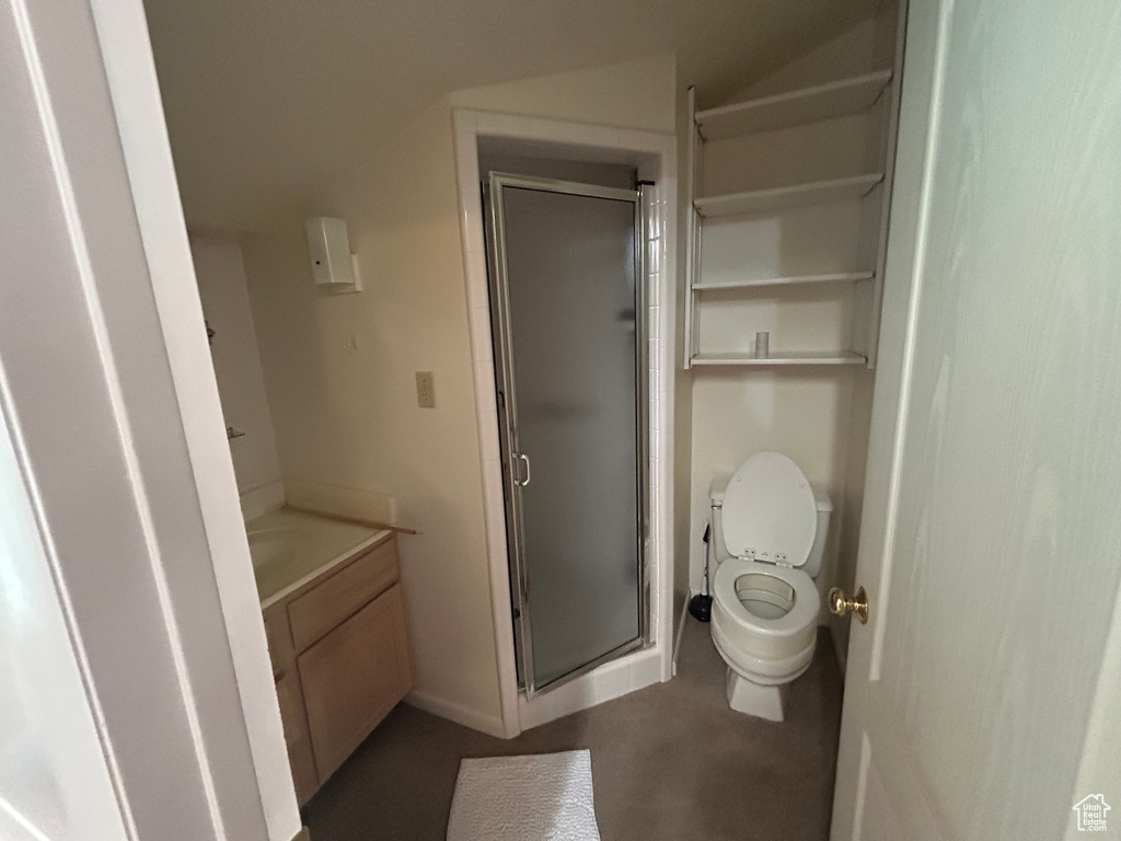 Bathroom with a stall shower, vanity, toilet, and lofted ceiling