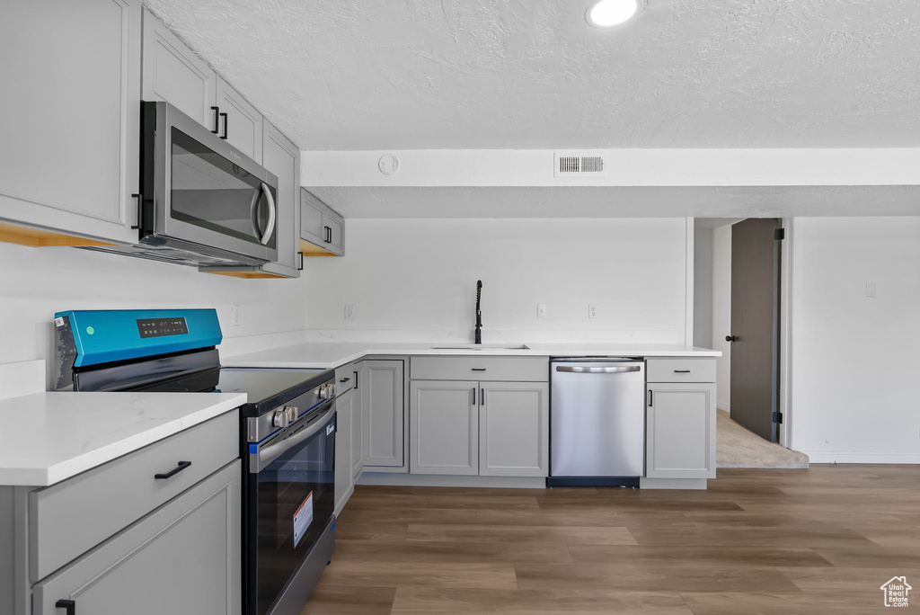Kitchen with stainless steel appliances, a sink, wood finished floors, gray cabinetry, and a textured ceiling
