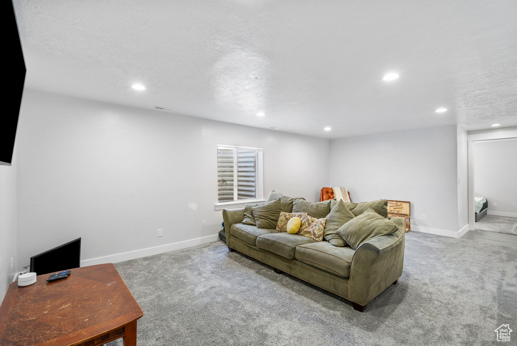 Living area with carpet, recessed lighting, baseboards, and a textured ceiling