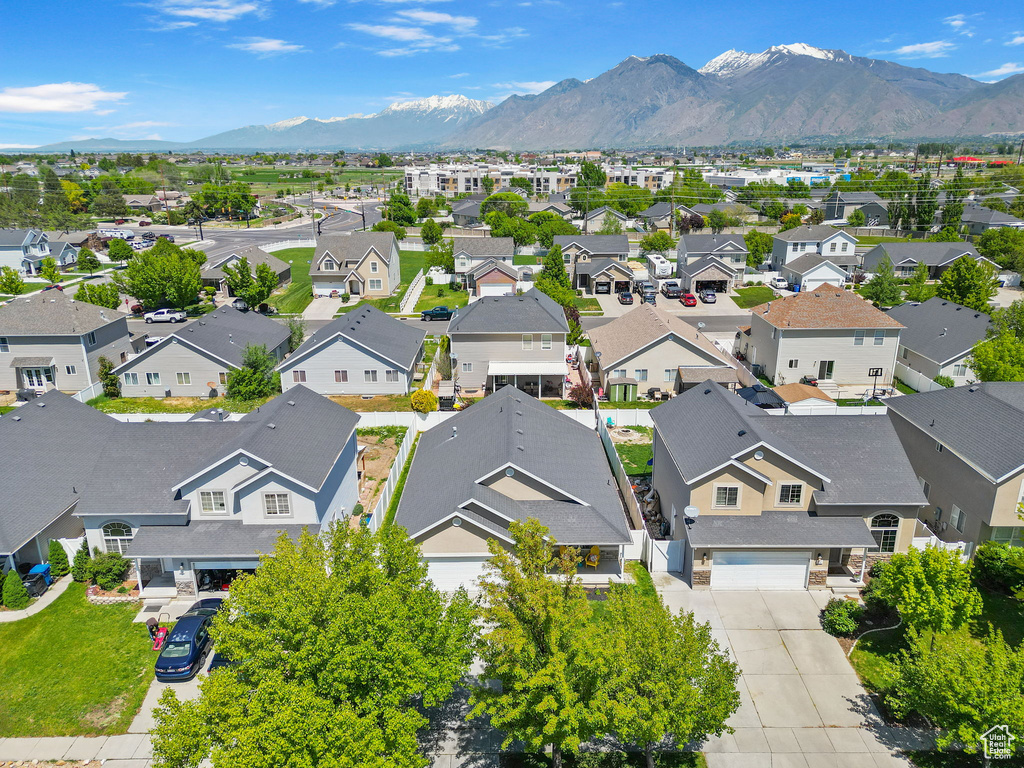 Aerial perspective of suburban area with mountains