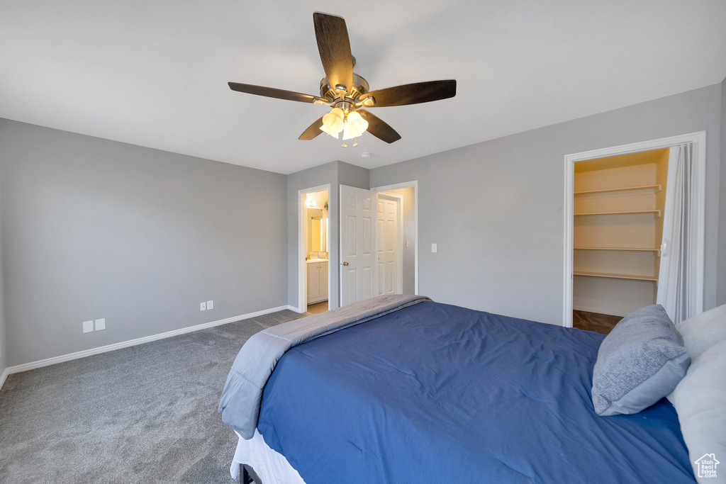 Bedroom featuring carpet flooring, baseboards, a walk in closet, a ceiling fan, and connected bathroom