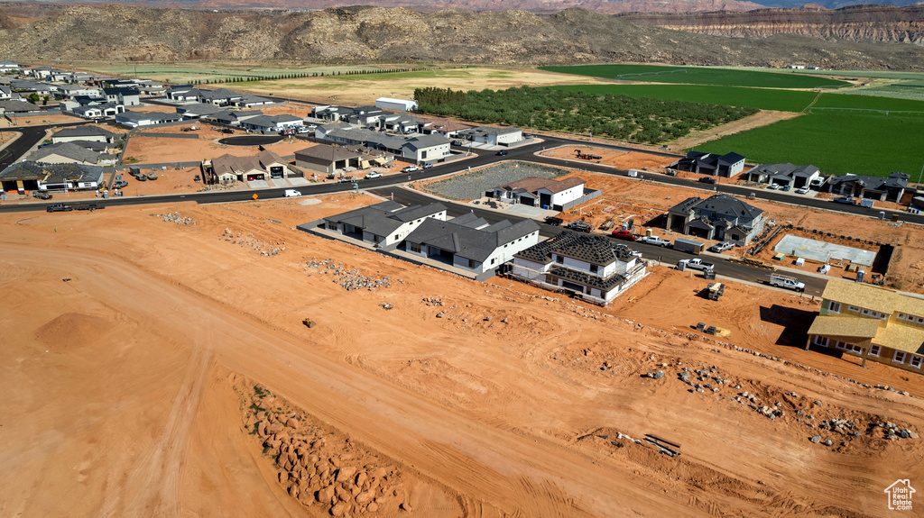 Aerial view of residential area with mountains