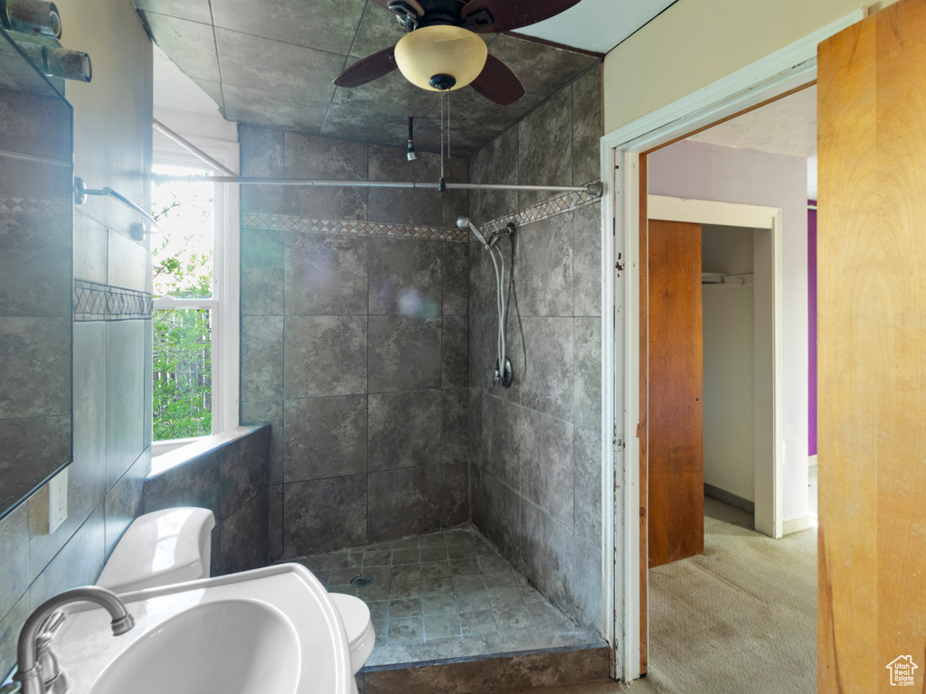 Bathroom featuring a sink, a shower stall, a ceiling fan, and plenty of natural light