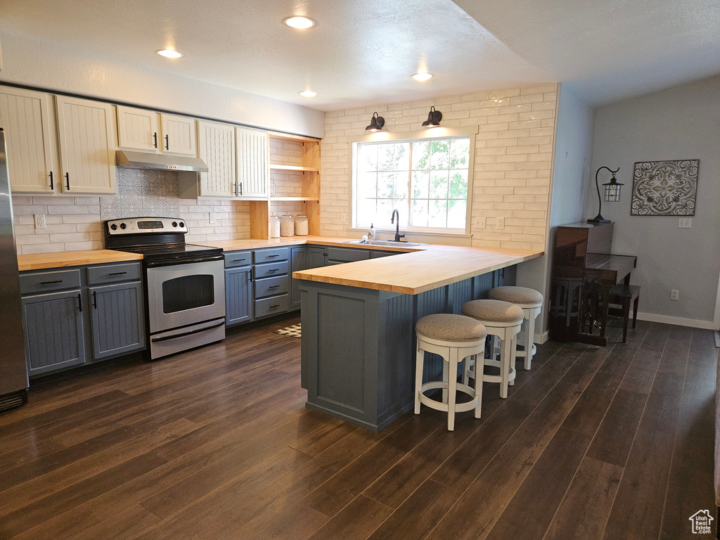 Kitchen featuring wooden counters, stainless steel appliances, under cabinet range hood, gray cabinets, and a peninsula