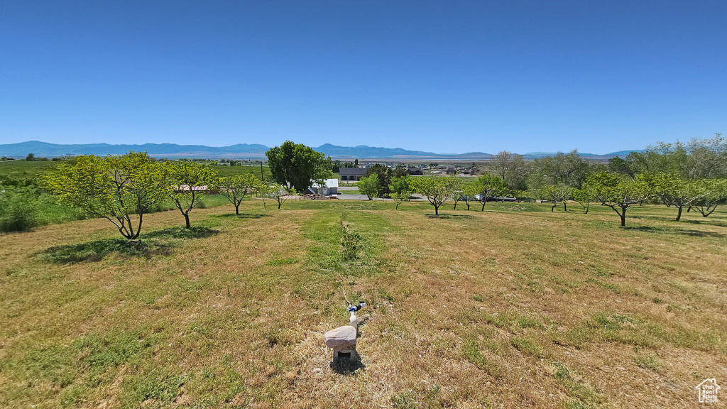 View of mountain backdrop with rural landscape