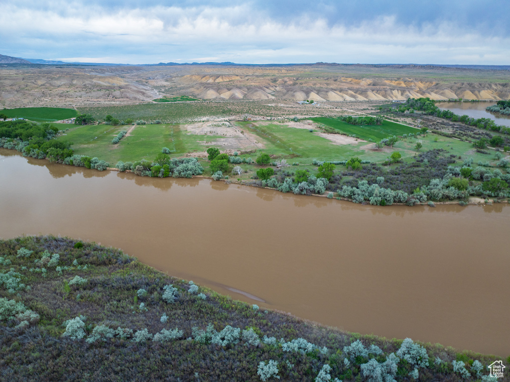 Aerial view of a water and mountain view
