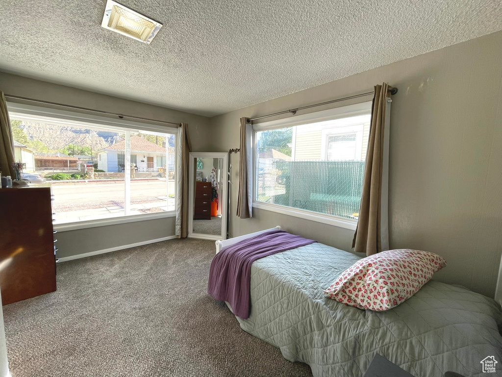Carpeted bedroom with a textured ceiling and baseboards