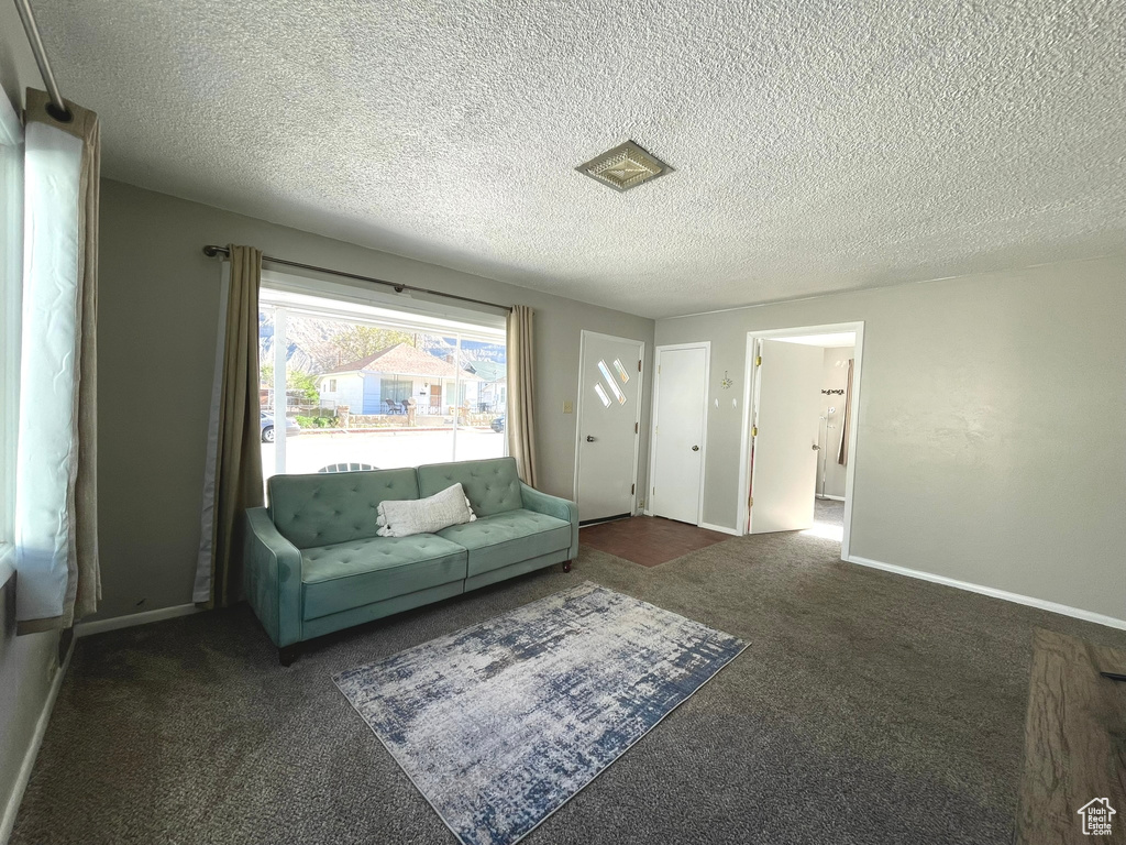 Living area with carpet floors, a textured ceiling, and baseboards
