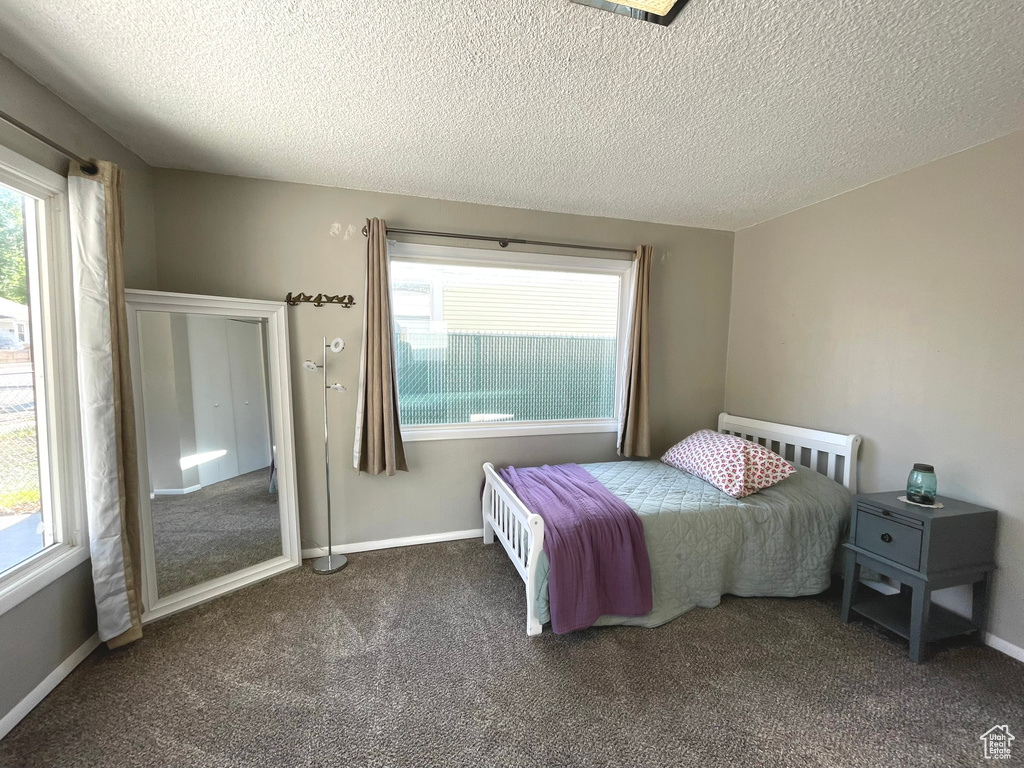 Bedroom with multiple windows, a textured ceiling, carpet flooring, and baseboards