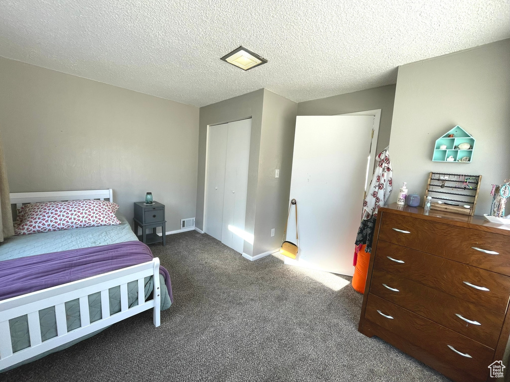 Carpeted bedroom featuring a closet, a textured ceiling, and baseboards