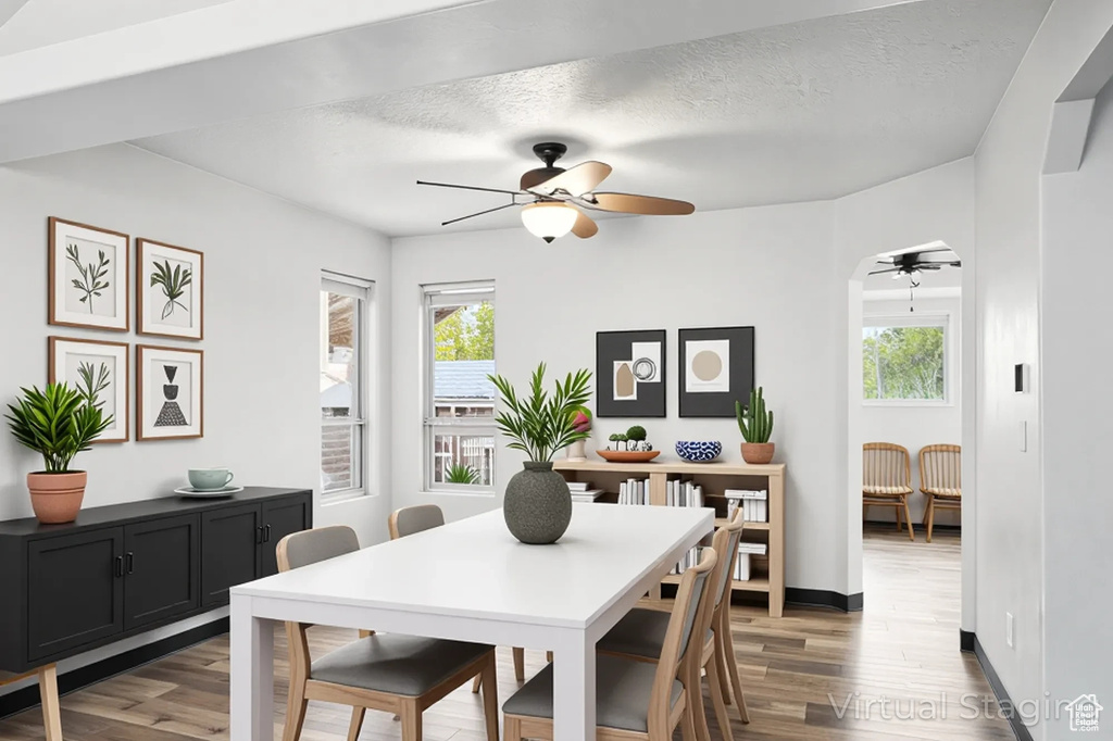 Dining space featuring wood finished floors, a ceiling fan, baseboards, and a textured ceiling