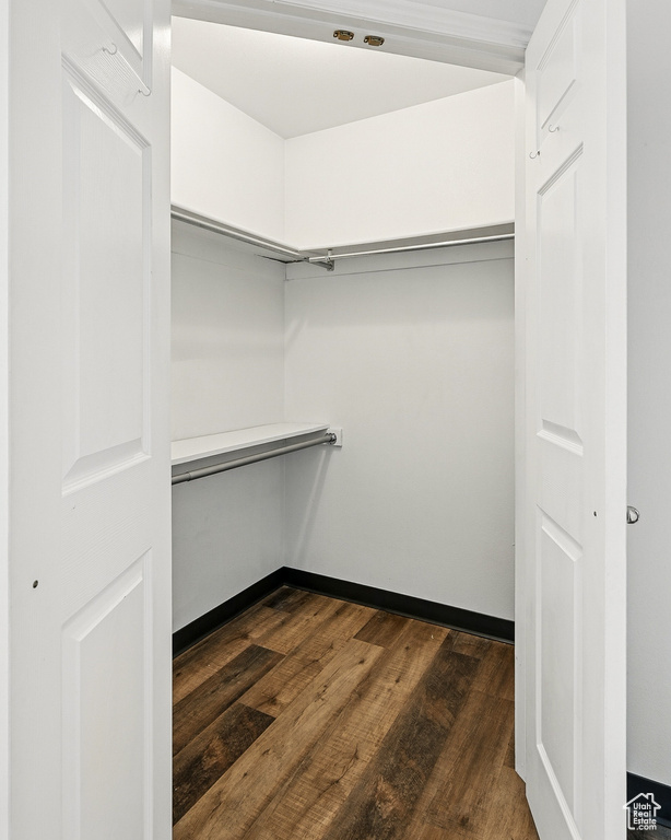 Walk in closet with dark wood-style floors