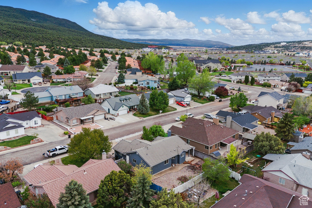 Aerial perspective of suburban area with mountains