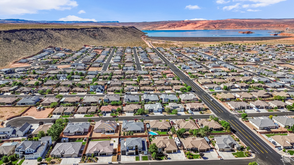 Aerial view of residential area with a water and mountain view