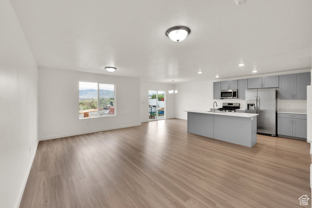 Kitchen with stainless steel appliances, gray cabinetry, light countertops, open floor plan, and light wood-style flooring