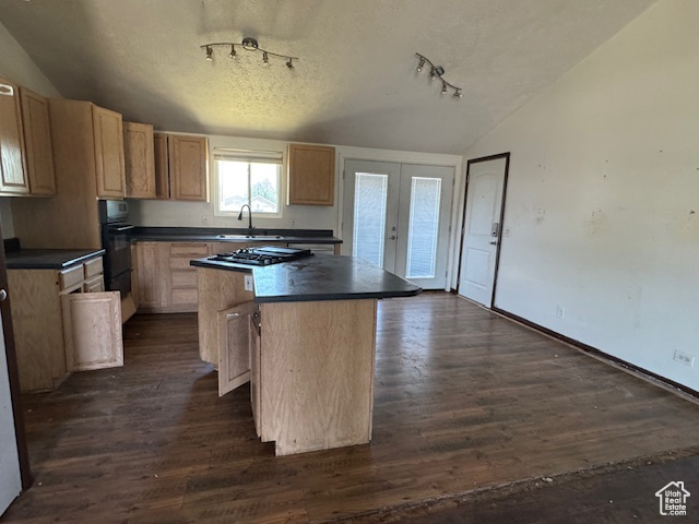 Kitchen featuring lofted ceiling, a center island, track lighting, dark countertops, and dark wood finished floors