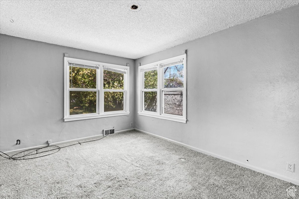 Carpeted spare room featuring baseboards and a textured ceiling