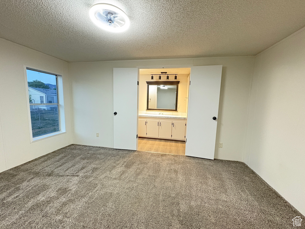 Unfurnished room featuring light carpet and a textured ceiling