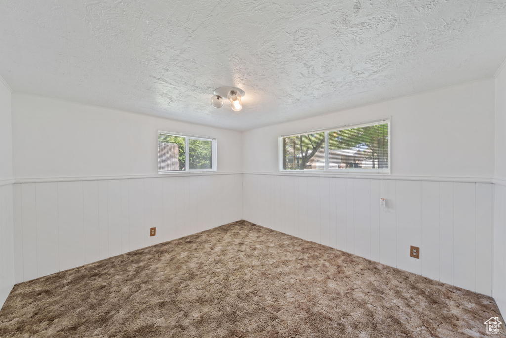 Carpeted empty room with a textured ceiling, wainscoting, and wooden walls