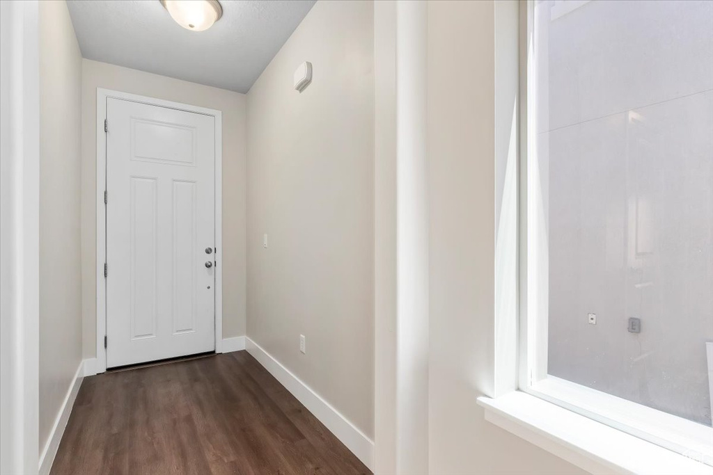 Doorway to outside featuring baseboards and dark wood-style floors