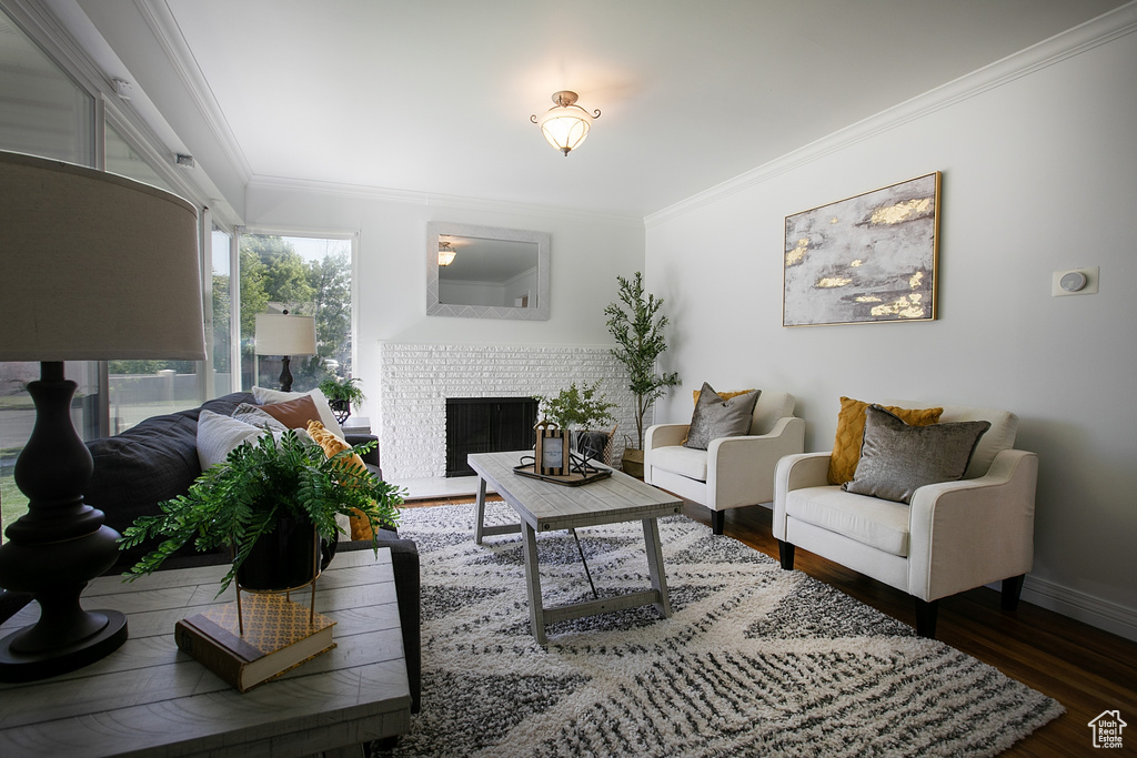 Living room featuring ornamental molding, wood finished floors, a fireplace, and baseboards