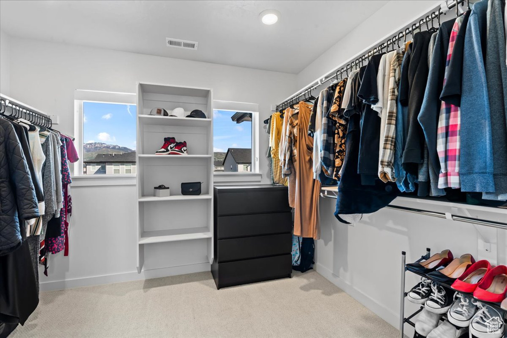 Spacious closet with light carpet