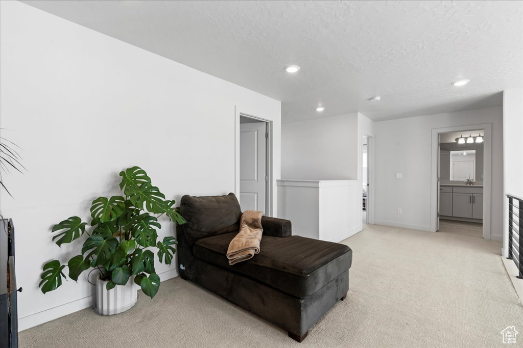 Sitting room with light colored carpet, recessed lighting, a textured ceiling, and baseboards