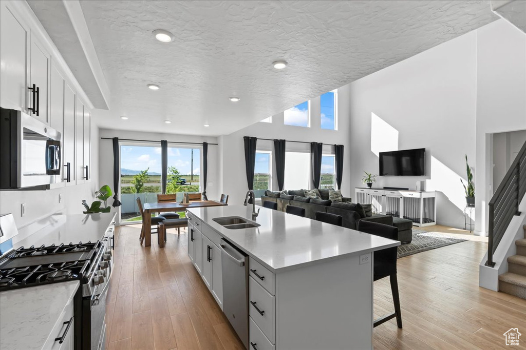 Kitchen featuring a sink, stainless steel appliances, open floor plan, light wood-style flooring, and light countertops