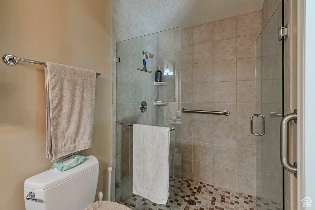 Full bathroom featuring a stall shower and toilet