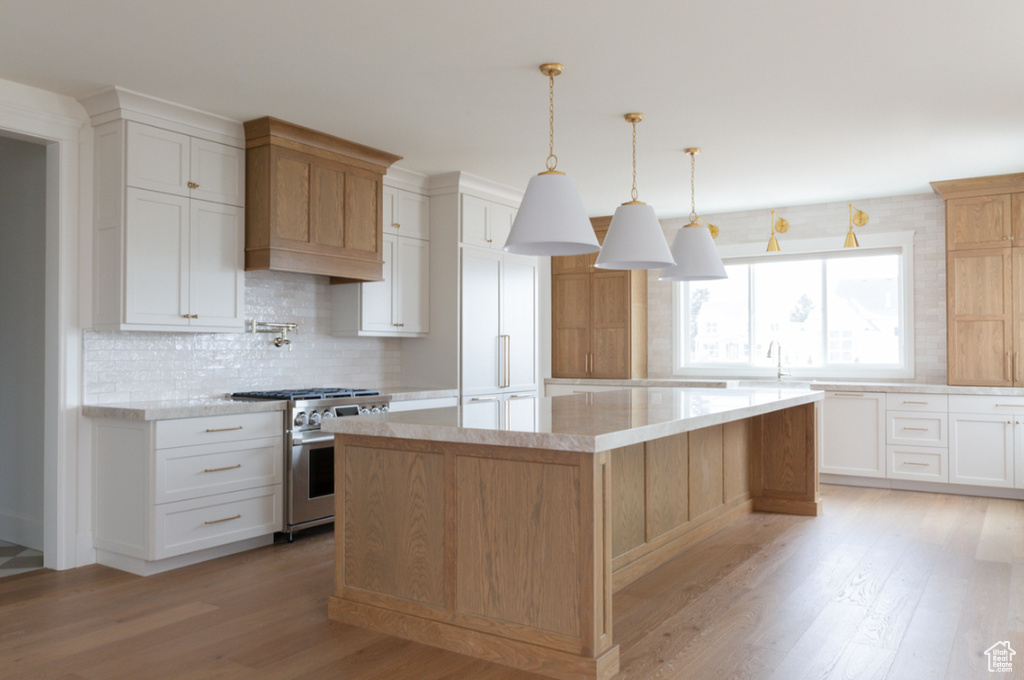 Kitchen featuring high end stove, light wood-style floors, backsplash, a center island, and a sink