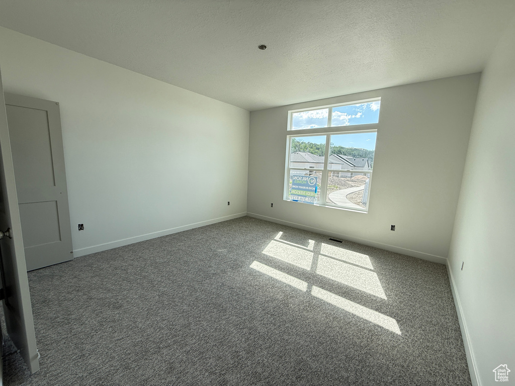 Unfurnished room featuring carpet, baseboards, and a textured ceiling