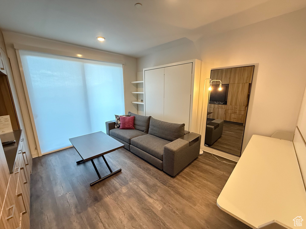 Living room with dark wood-style flooring