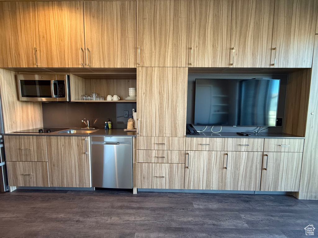 Indoor wet bar with stainless steel appliances and dark wood-style floors