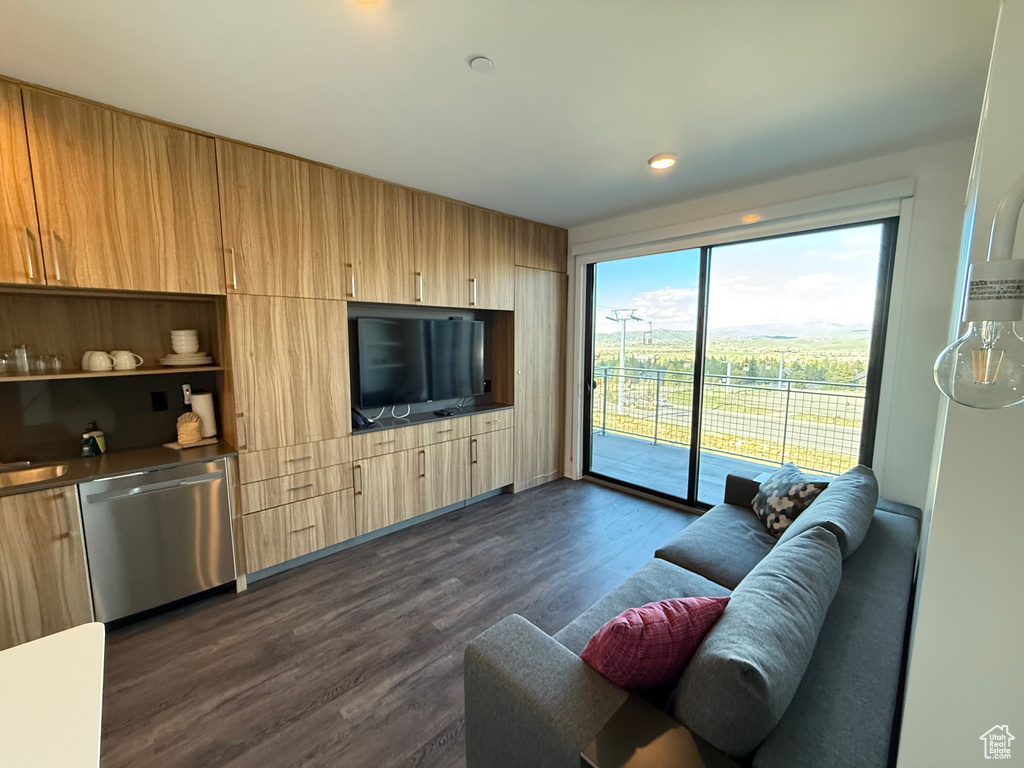 Living room featuring dark wood-type flooring and recessed lighting
