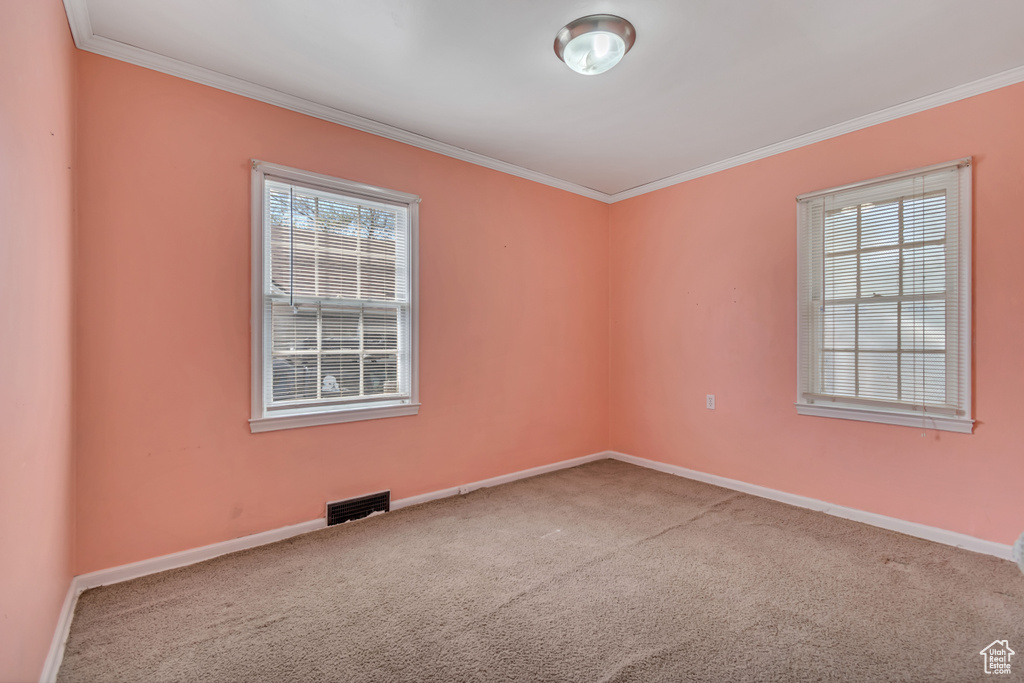 Carpeted spare room featuring ornamental molding and baseboards
