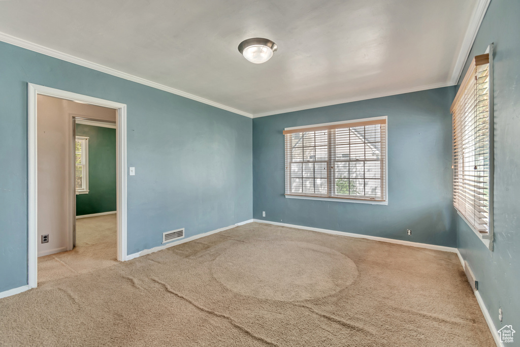 Unfurnished bedroom featuring crown molding, carpet flooring, and baseboards