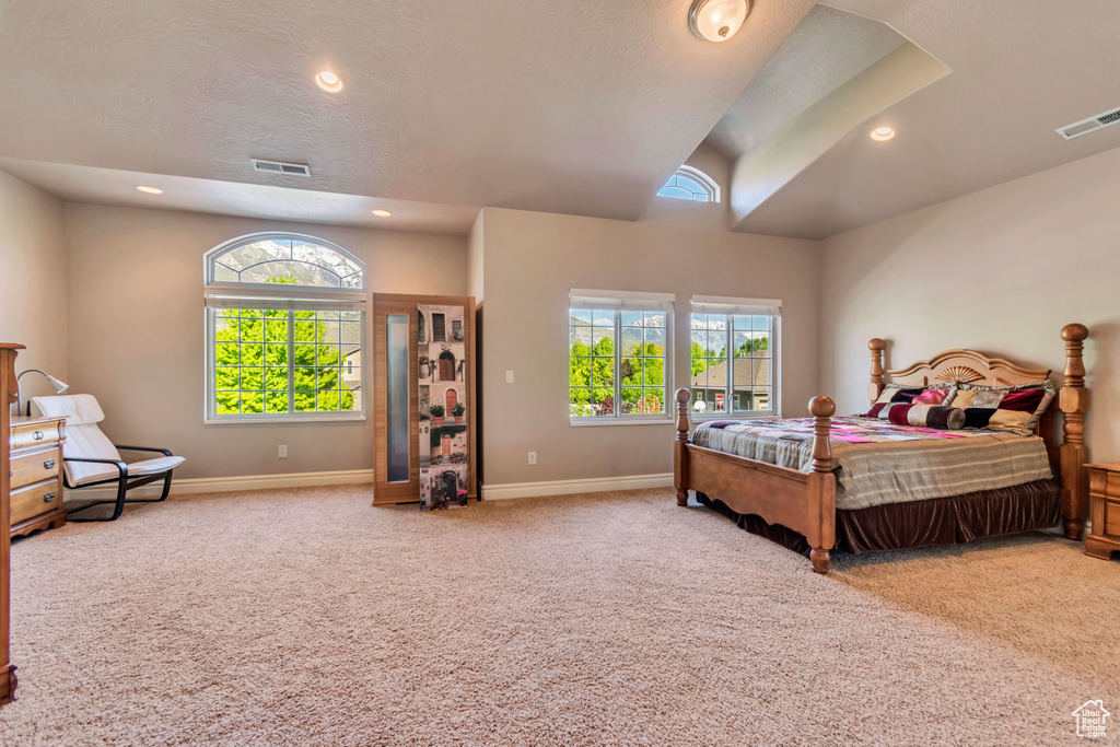 Bedroom featuring carpet, baseboards, lofted ceiling, and recessed lighting
