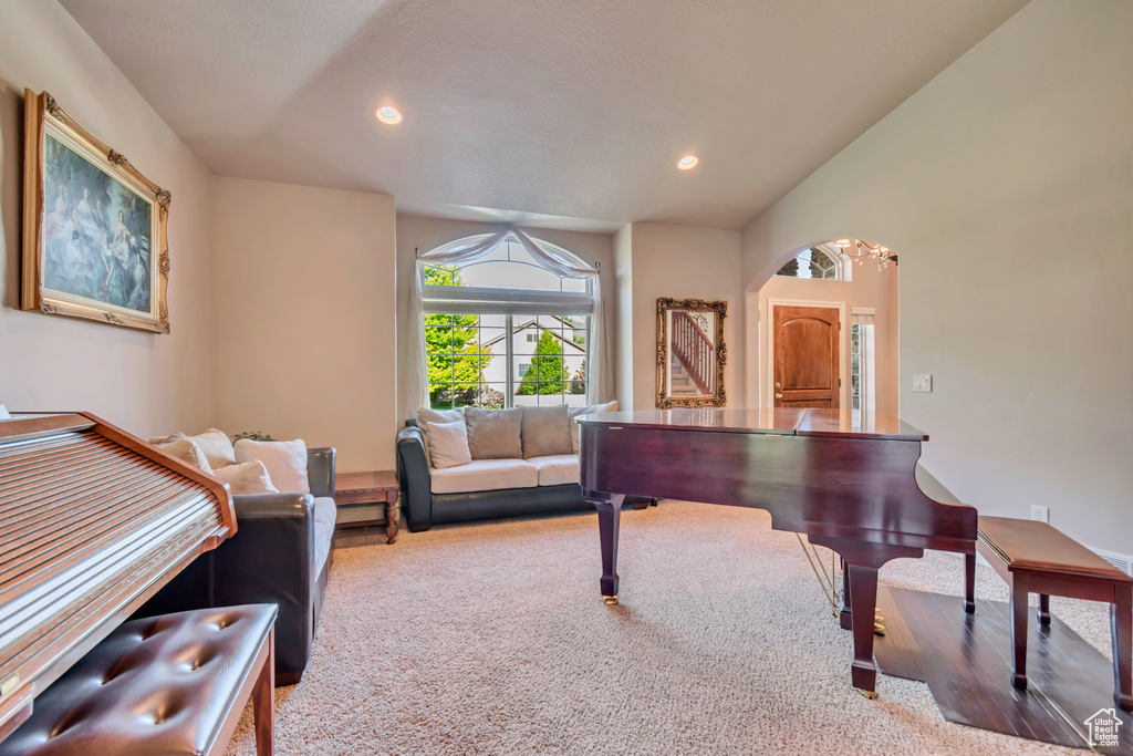 Sitting room with carpet flooring and recessed lighting