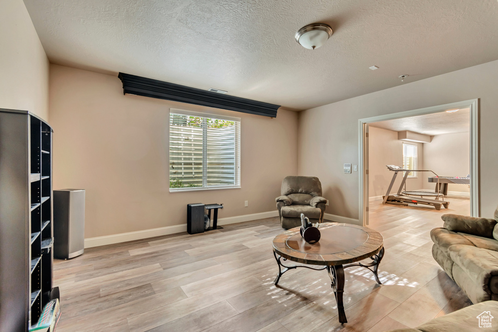 Living area featuring light wood-style floors, plenty of natural light, a textured ceiling, and baseboards