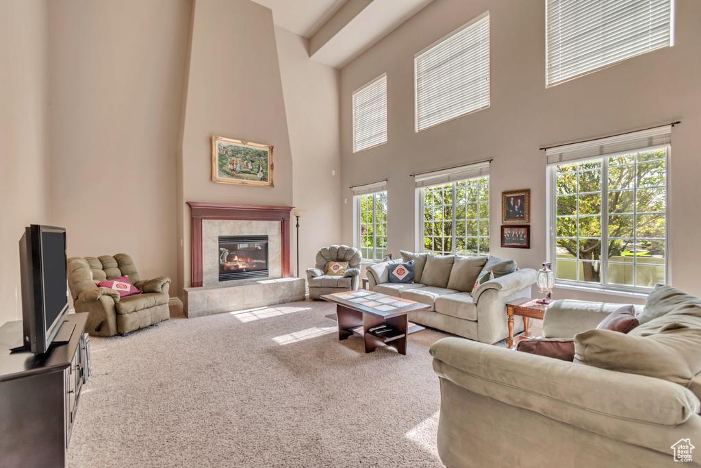 Living area featuring carpet flooring, a towering ceiling, and a high end fireplace