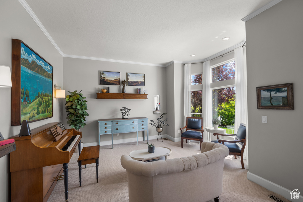 Living area with crown molding, baseboards, carpet, and recessed lighting