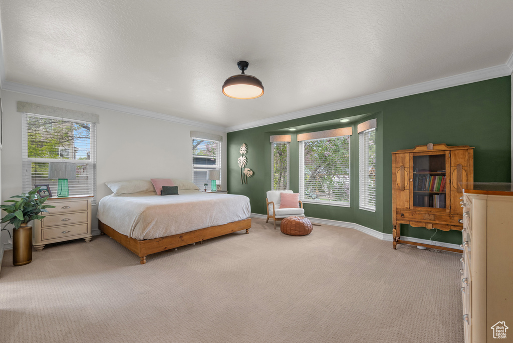 Bedroom with carpet, ornamental molding, and baseboards