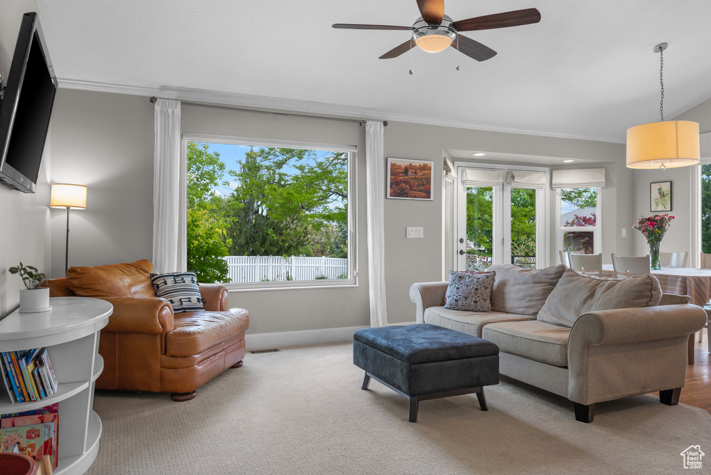 Living area with crown molding, ceiling fan, baseboards, and vaulted ceiling