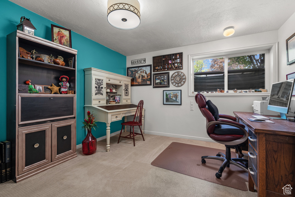 Home office with carpet flooring, a textured ceiling, and baseboards