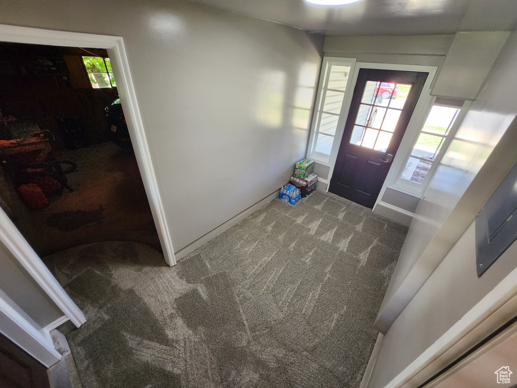 Entryway featuring carpet flooring and baseboards