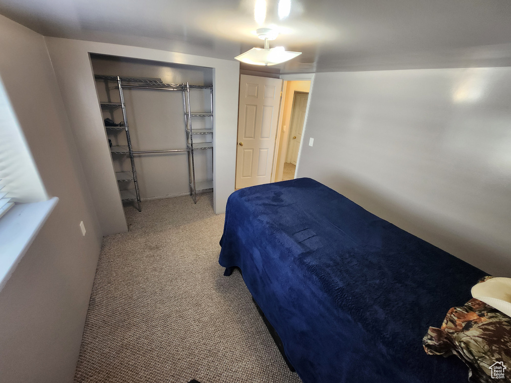 Bedroom featuring carpet flooring and a closet