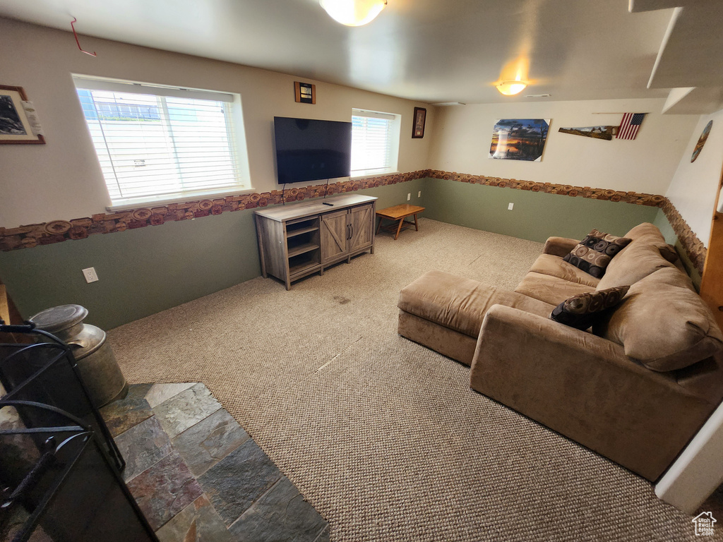 Living room featuring light carpet